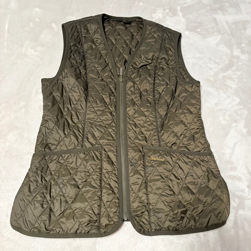 Barbour Quilted Betty Interactive Vest Women Olive size 10 Diamond Stitch Zip Up